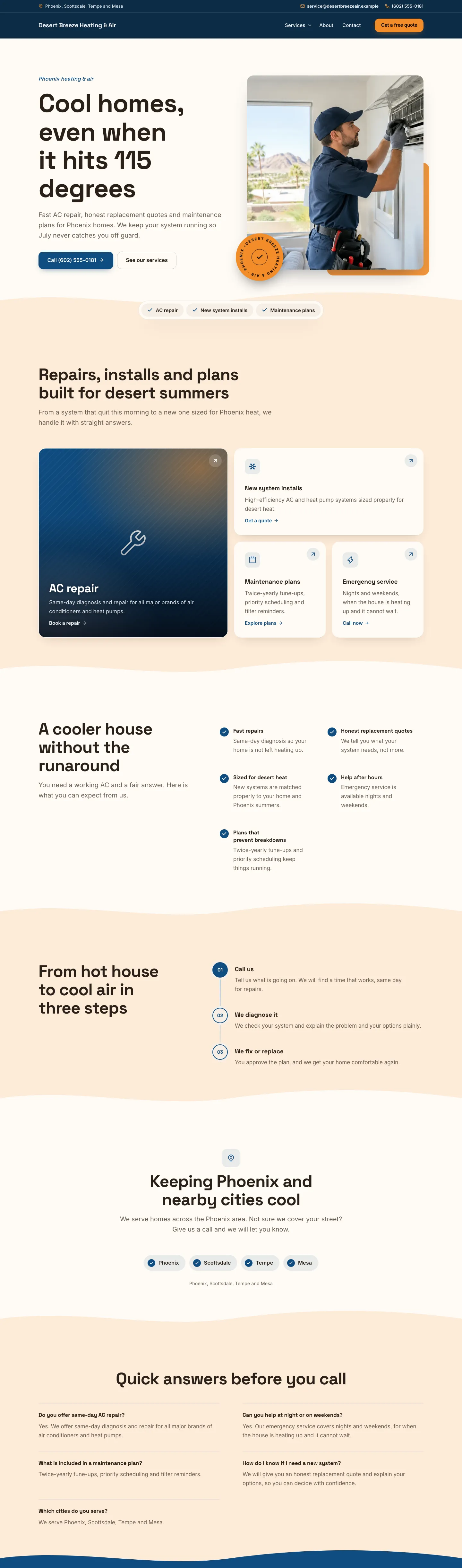 Desert Breeze Heating & Air, an example heating & air website built with Exa Sites
