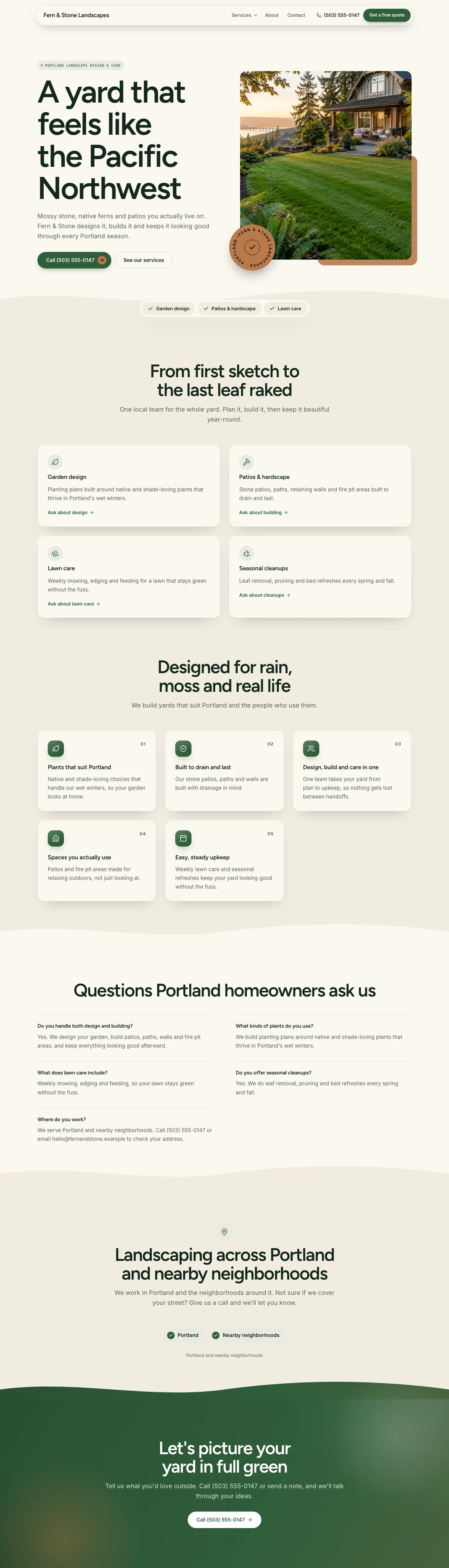 Fern & Stone Landscapes, an example landscaper website built with Exa Sites
