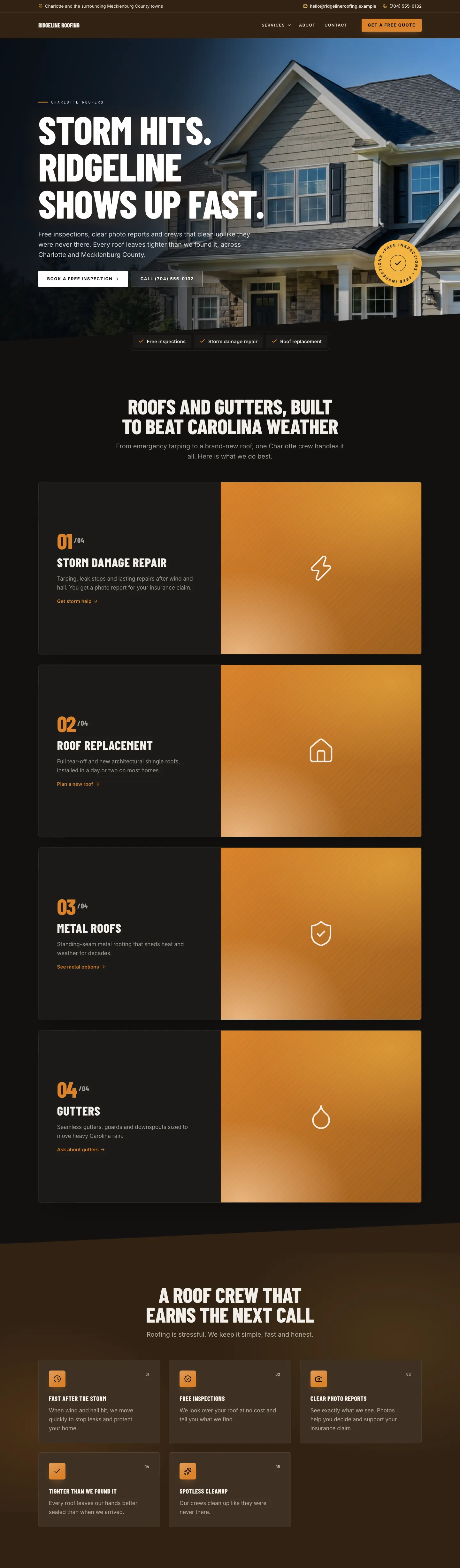 Ridgeline Roofing, an example roofer website built with Exa Sites