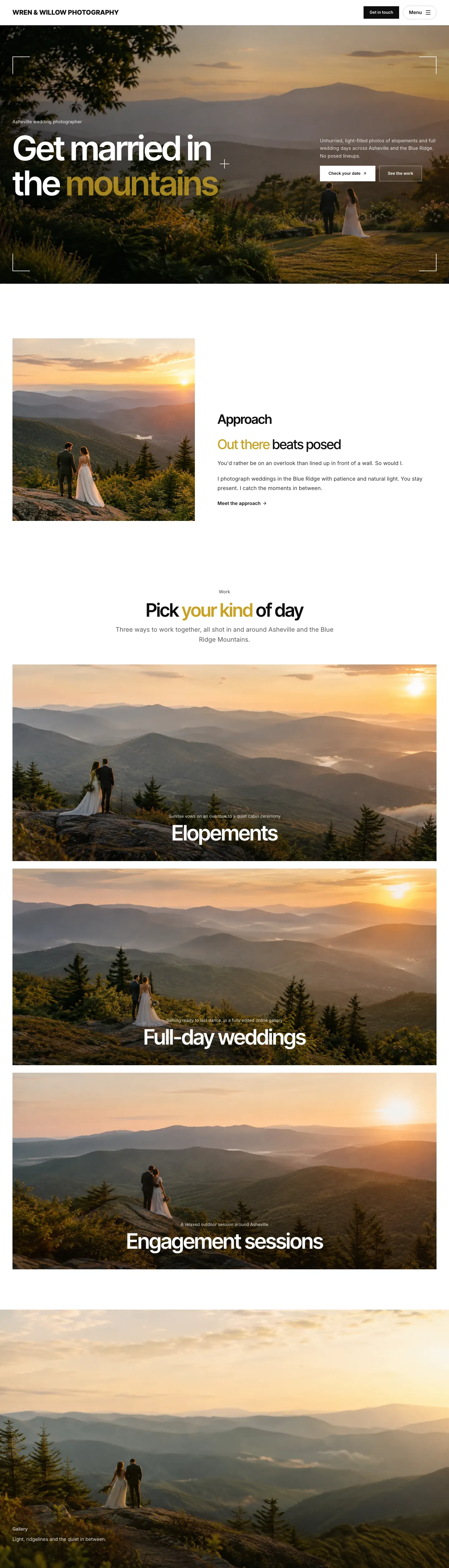 Wren & Willow Photography, an example wedding photographer website built with Exa Sites